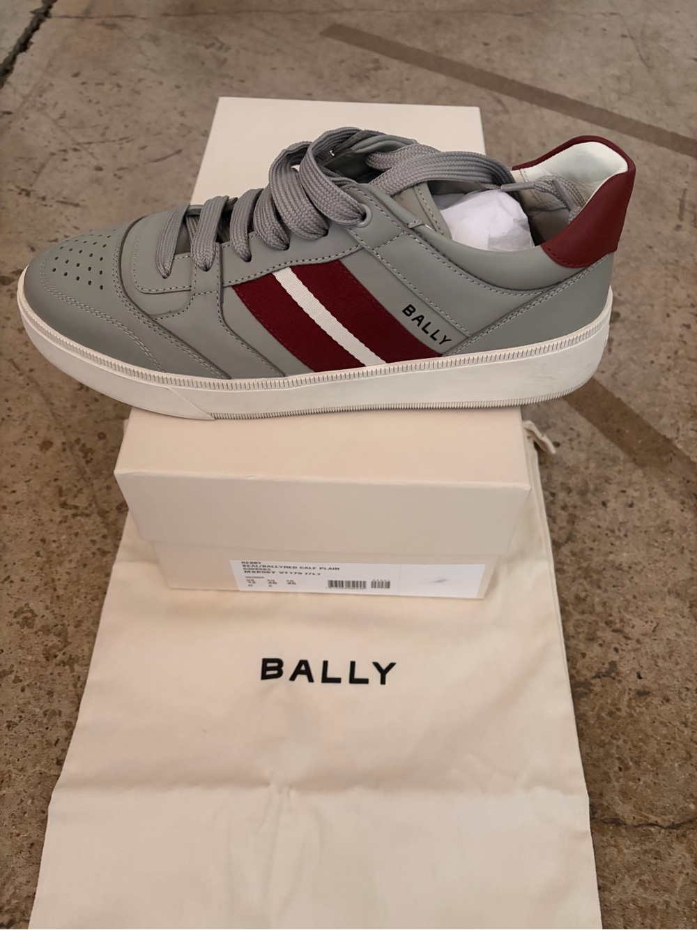 Bally Men's Gray Leather Sneakers with Burgundy Stripe
